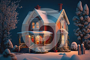 Cute cozy snowy winter house Holiday Christmas Cottage Generative AI