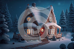 Cute cozy snowy winter house Holiday Christmas Cottage Generative AI