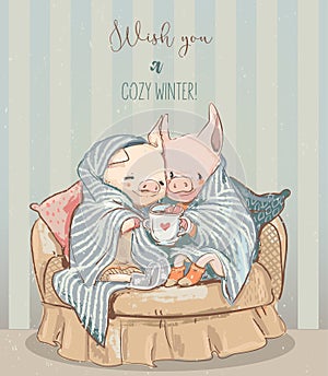 Cute cozy winter couple of pigs. vector art