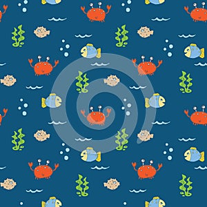 Cute Crab and fishes Seamless Pattern, Cartoon Hand Drawn Animal Doodles Vector Illustration Background