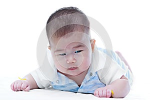 Cute crawling baby. Adorable baby girl, on white background.