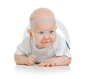 Cute crawling baby boy over white background