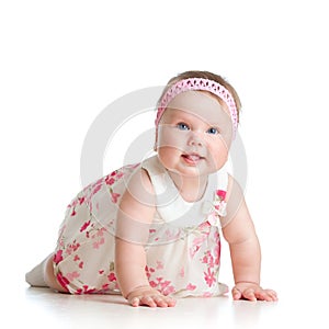 Cute crawling baby girl on white