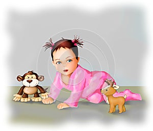 Cute crawling baby and toys  cute baby girl  greeting card , postcard  baby  child illustration , human  life,