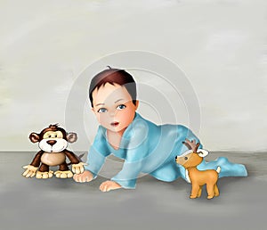 Cute crawling baby and toys , cute boy , greeting card , postcard , baby  child  illustration , human, life,