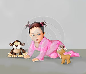 Cute crawling baby and toys , cute girl  greeting card, postcard, baby  child  illustration , human , life,