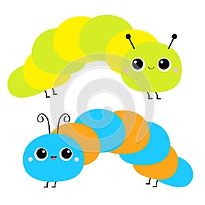 Cute crawling catapillar bug. Caterpillar insect icon set. Cartoon funny kawaii baby animal character. Colorful bright blue green