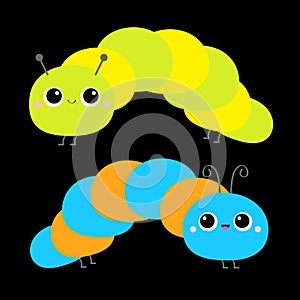 Cute crawling catapillar bug. Caterpillar insect icon set. Cartoon funny kawaii baby animal character. Colorful bright blue green