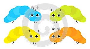 Cute crawling catapillar bug set. Caterpillar insect icon. Cartoon funny kawaii baby animal character. Colorful bright yellow blue