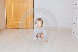 Cute crawling funny baby boy indoors at home