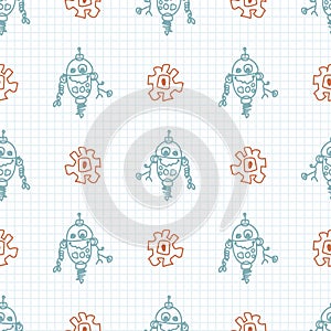 Cute crayon robot scribble kid doodle background. Hand drawn earthy whimsical motif seamless pattern. Naive mechanical