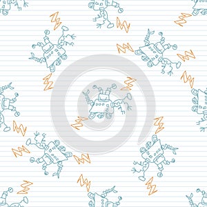Cute crayon robot scribble kid doodle background. Hand drawn earthy whimsical motif seamless pattern. Naive mechanical