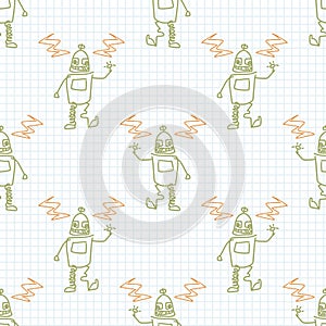 Cute crayon robot scribble kid doodle background. Hand drawn earthy whimsical motif seamless pattern. Naive mechanical