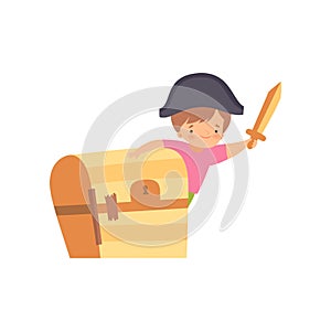 Cute Creative Kid Character in Costume with Hat, Sword and Chest Made of Cardboard Box Cartoon Vector Illustratio