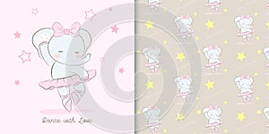 Cute cartoon ballerina elephant card and seamless pattern