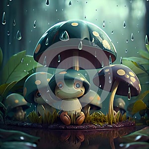 Cute creature in rainy landscape