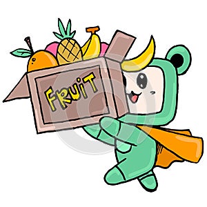 Cute creature was carrying a box of fruit
