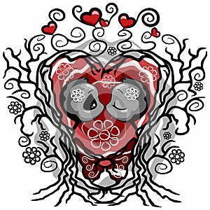 Surreal Trees Creepy Cute Characters in Love in a Fantasy Weird World Valentine`s Day Vector Illustration isolated on white