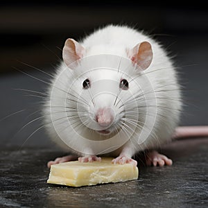 Cute critter close up of white tame rat with cheese photo