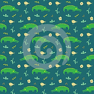 Cute Crocodile or Alligator with little bird Seamless Pattern, Cartoon Hand Drawn Animal Doodles Vector Illustration background