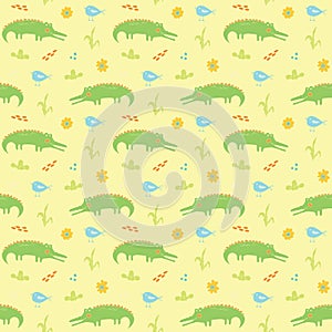 Cute Crocodile or Alligator with little bird Seamless Pattern, Cartoon Hand Drawn Animal Doodles Vector Illustration background