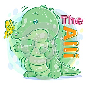 Cute Crocodile or Alligator playing with Butterfly.Colorful Cartoon Illustration