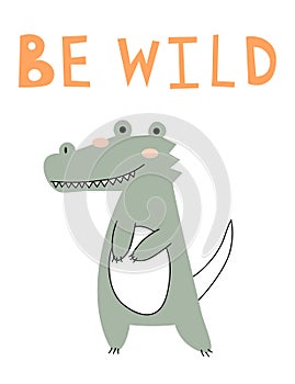 Cute crocodile card tile greeting Text Hello. Alligator cartoon for t-shirt, print, product, flyer, patch, fabric