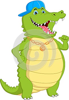 Cute crocodile cartoon thumb up on white background