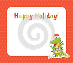 Cute Crocodile Character Holiday Greeting Card Vector Template