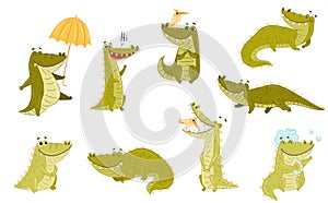 Cute Crocodile Character Walking with Umbrella, Having Shower and Sleeping Vector Set