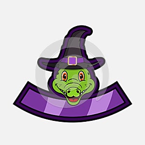Cute Crocodile Head Character. For Logo, Icon, badge, emblem and label with Witch Hat.