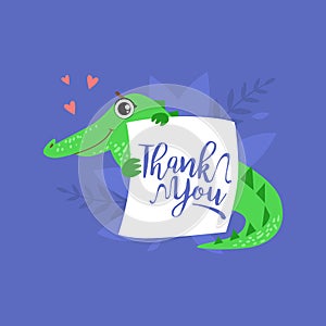 Cute Crocodile Holding Card with Thank You Massage, Adorable Animal with Placard Vector Illustration