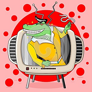 Cute crocodile mascot vector illustration with television background