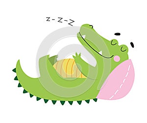 Cute Crocodile Sleeping on Pillow, Funny Alligator Predator Green Animal Character Cartoon Style Vector Illustration