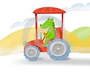 Cute crocodile on tractor. Cartoon-style illustration. Landscape with hills. Scene template.