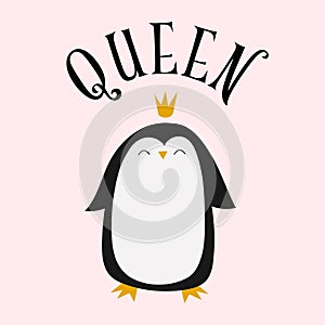 Cute crown wearing penguin illustration with text spelling QUEEN, on a pale pink background