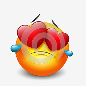 Cute crying sad emoticon in love, emoji, smiley - vector illustration