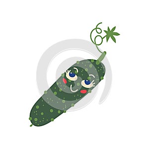 Cute Cucumber with Funny Face, Adorable Fresh Vegetable Cartoon Character Vector Illustration