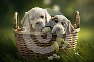 Cute and Cuddly Adorable Puppies Animal Couple Portrait in a Basket, Summer Grass Generative AI