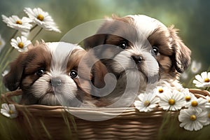 Cute and Cuddly Adorable Puppies Animal Couple Portrait in a Basket, Summer Grass Generative AI