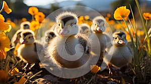 cute cuddly duck family waddling through green grass with sunlight behind them, generative AI