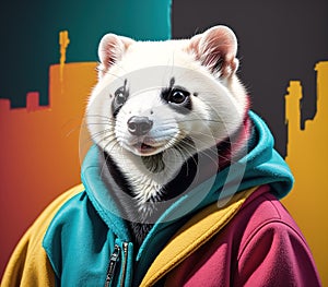 A cute and cuddly ferret wearing a hoodie and sunglasses.