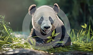 Cute cuddly panda bear sits in forest and eats bamboo in sunset sun.
