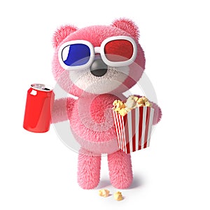 Cute cuddly pink teddy bear eating popcorn and drinking soda while watching a 3d movie, 3d illustration