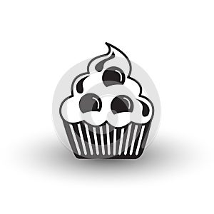 Cute cup cake dessert icon black and white vector with shadow, s