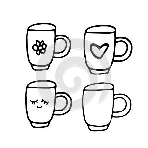Cute cup with eyes Hand drawn in doodle style. set of elements graphics Scandinavian hygge cozy monochrome minimalism simple.