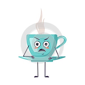 Cute cup of tea character with angry emotions, face, arms and legs. The funny or grumpy mug with a saucer for a cafe