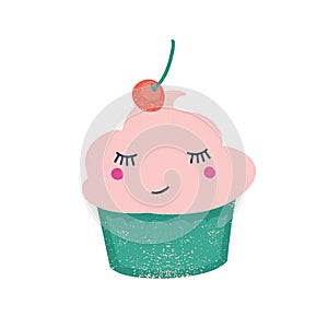 Cute cupcake with cherry flat vector illustration. Creamy confection with berry on top cartoon character. Funny fruit