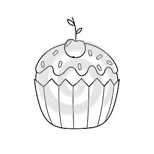 Cute cupcake with a cherry on the top isolated element. Black and white print