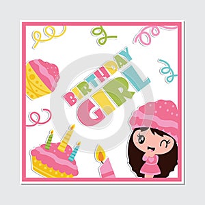 Cute cupcake girl, candle and birthday cake cartoon illustration for Happy Birthday card design